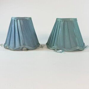 Blue Green Pleated Lamp Shades Pair Plastic Crystal Beaded Trim Damaged